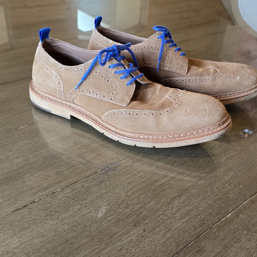 Johnston & Murphy Tan Suede Oxfords with Blue Laces